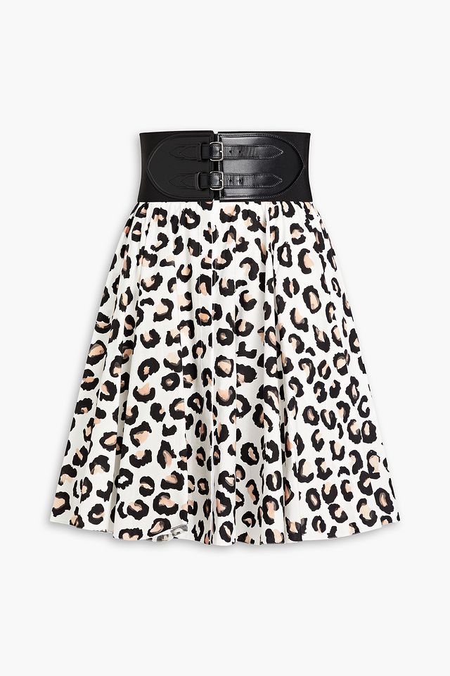 Belted leopard-print cotton-poplin skirt