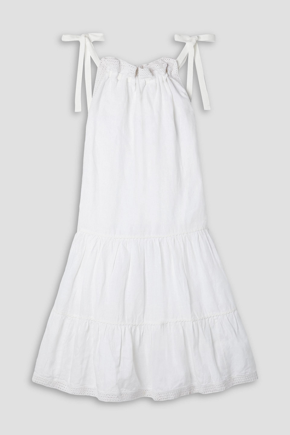 ULLA JOHNSON CORIANNE CROCHET-TRIMMED TIERED LINEN MINI DRESS