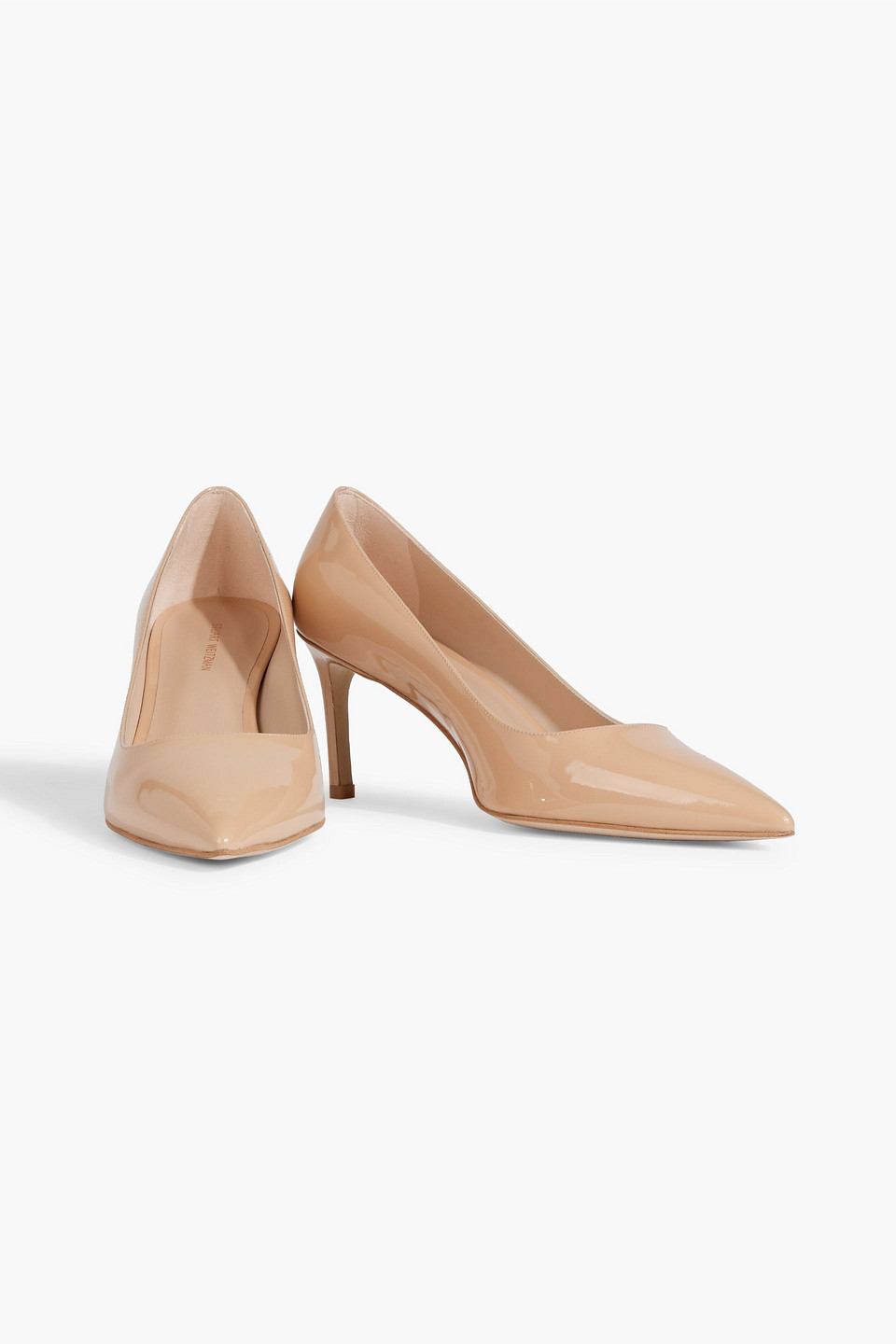 Shop Stuart Weitzman Leigh 75 Patent-leather Pumps In Beige