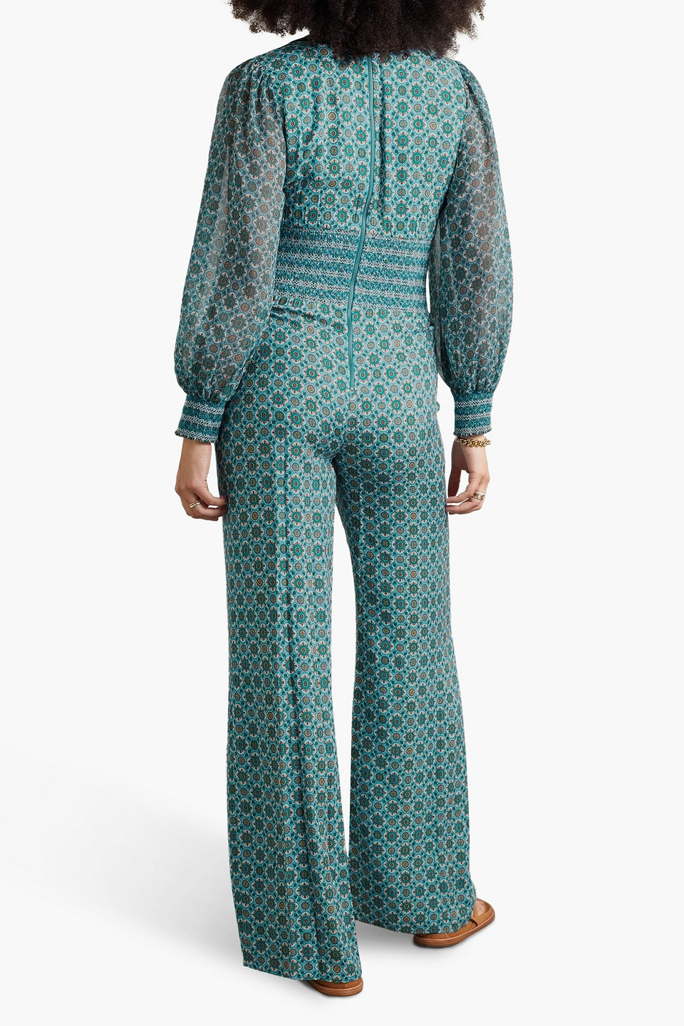 Shop Alice And Olivia Reba Printed Crepe Jumpsuit In Blaugrün