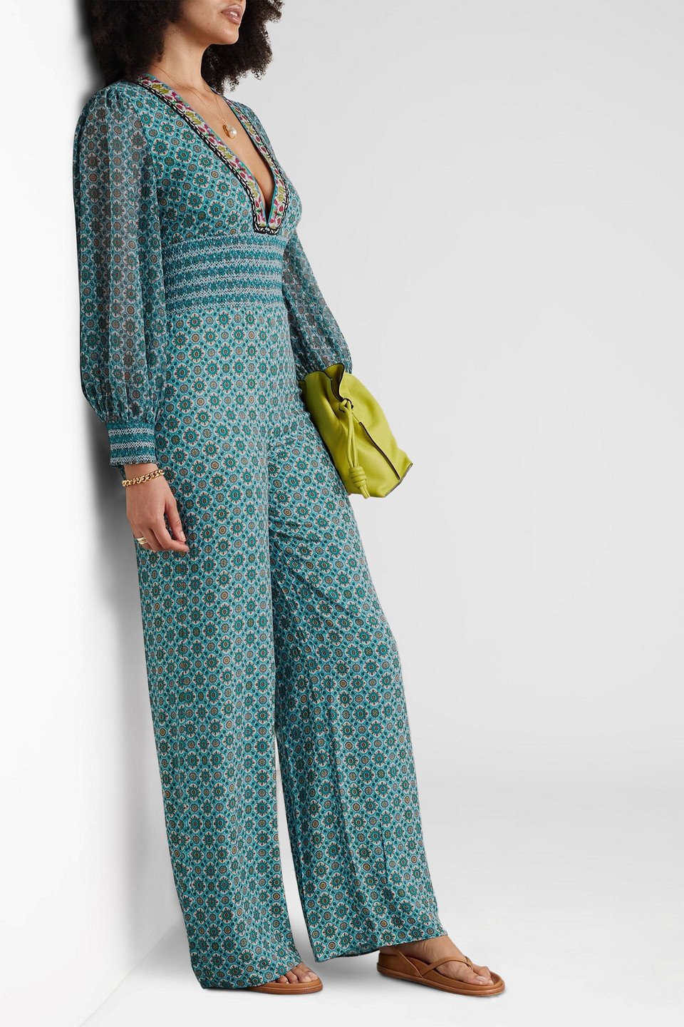 Shop Alice And Olivia Reba Printed Crepe Jumpsuit In Blaugrün