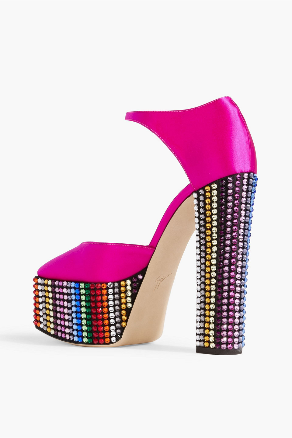 Shop Giuseppe Zanotti Bebe Crystal-embellished Satin Platform Pumps In Bright Pink