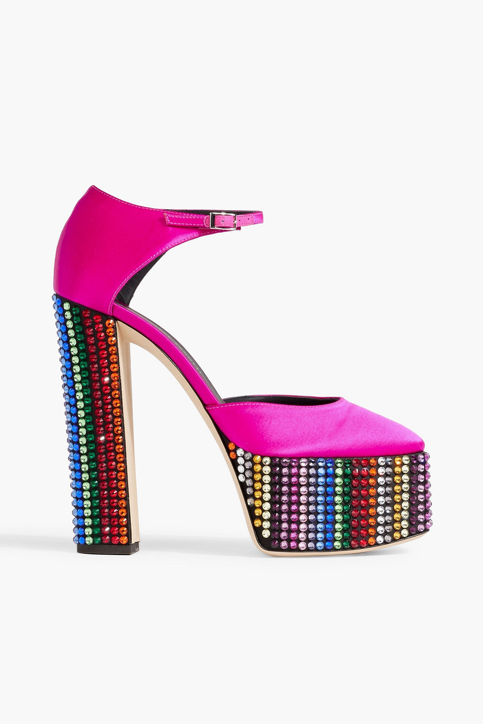 Bebe crystal-embellished satin platform pumps