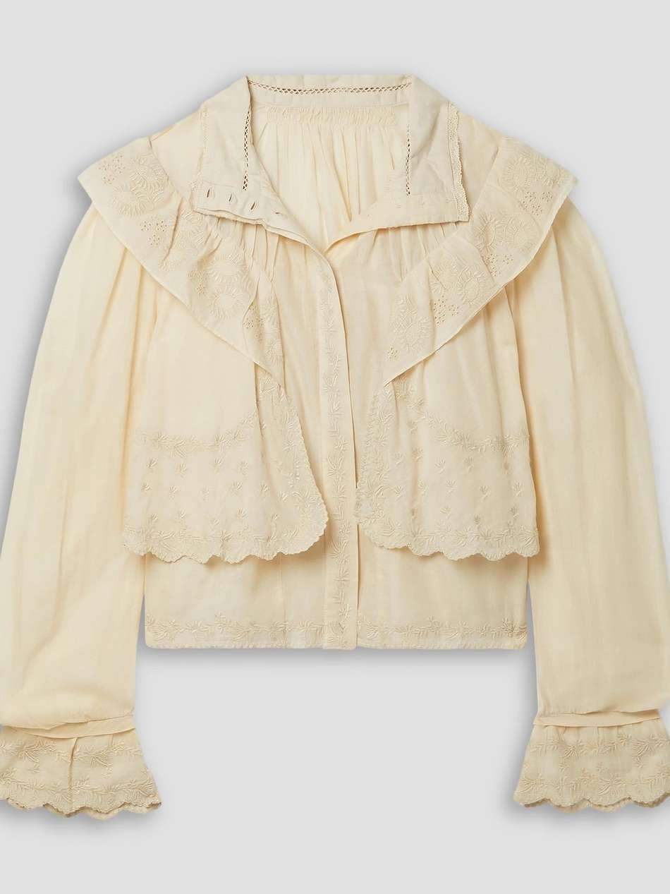 lelmon ruffled embroidered cotton-voile blouse