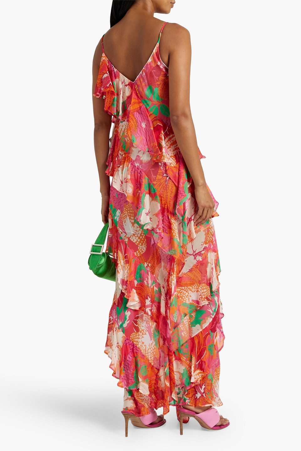 Shop Msgm Ruffled Printed Crepon Maxi Dress In Pink