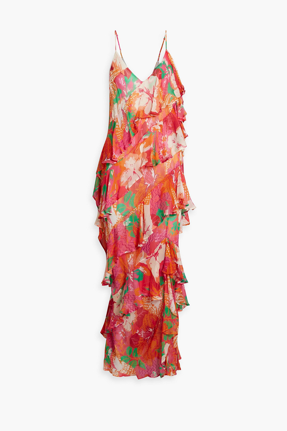 Shop Msgm Ruffled Printed Crepon Maxi Dress In Pink