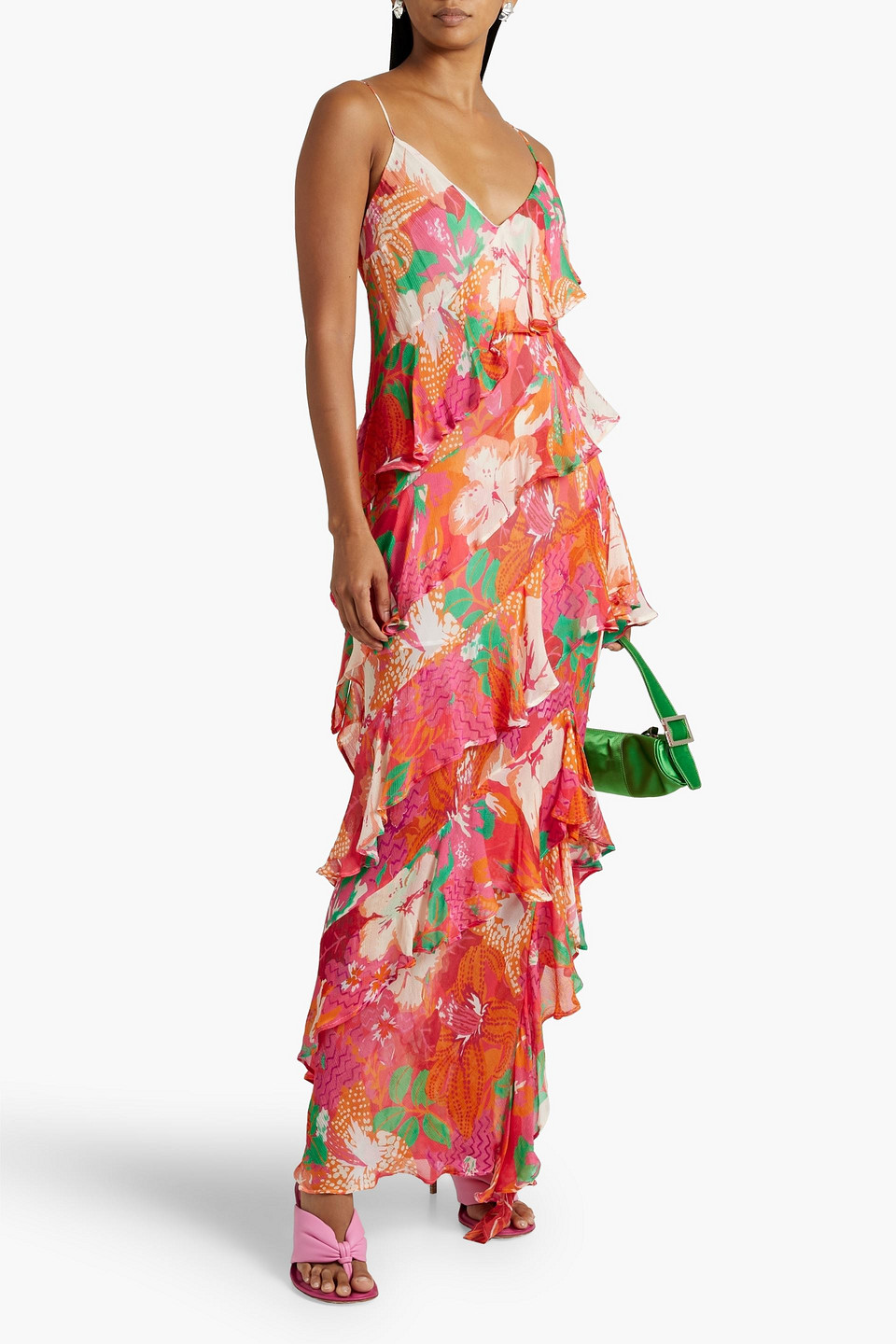 Shop Msgm Ruffled Printed Crepon Maxi Dress In Pink