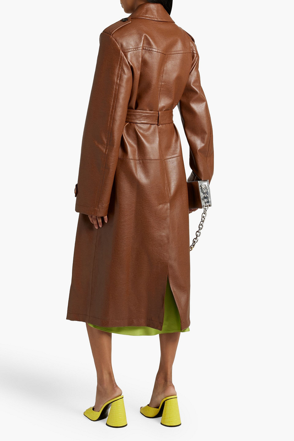 Shop Msgm Faux Stretch-leather Trench Coat In Brown