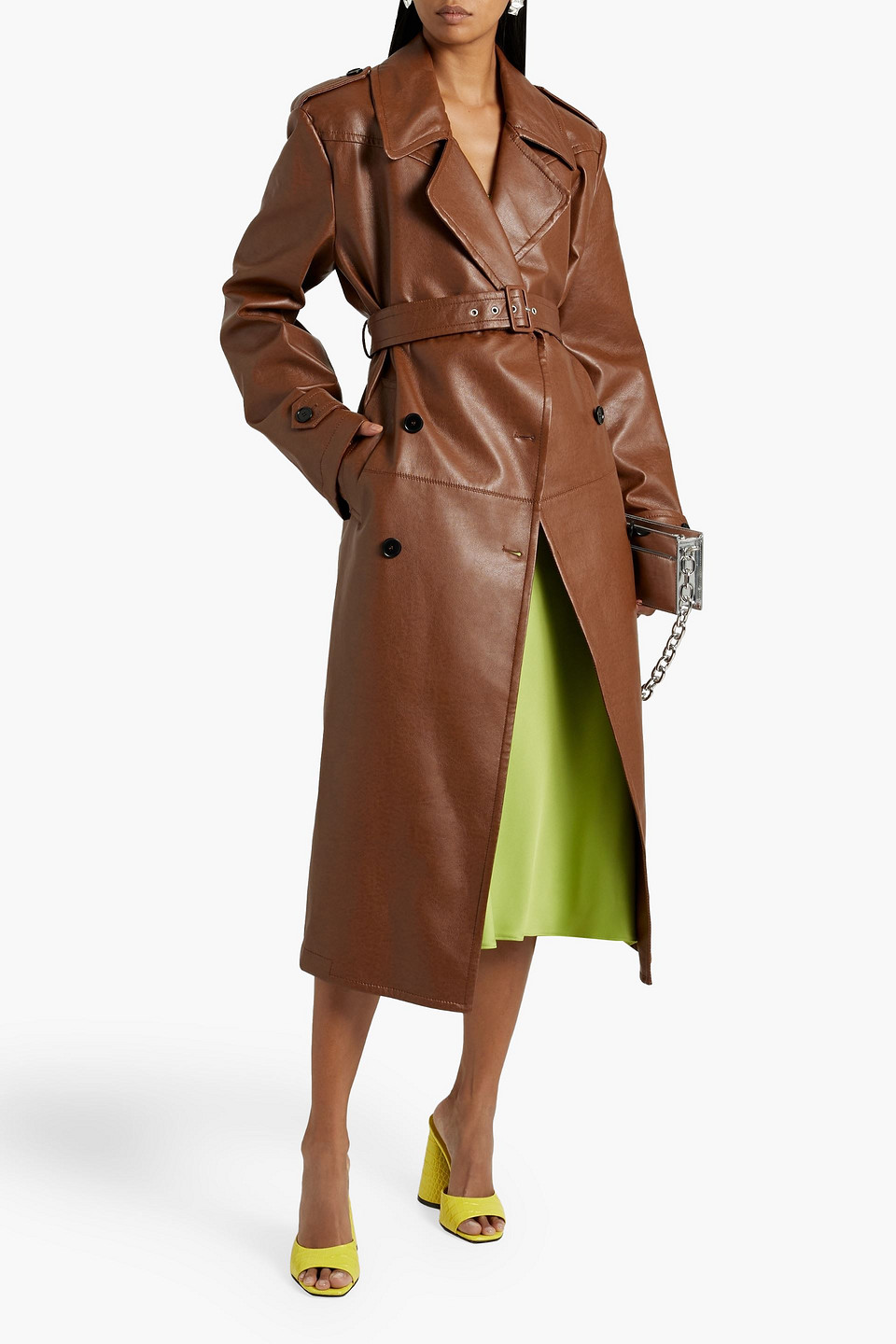 Shop Msgm Faux Stretch-leather Trench Coat In Brown