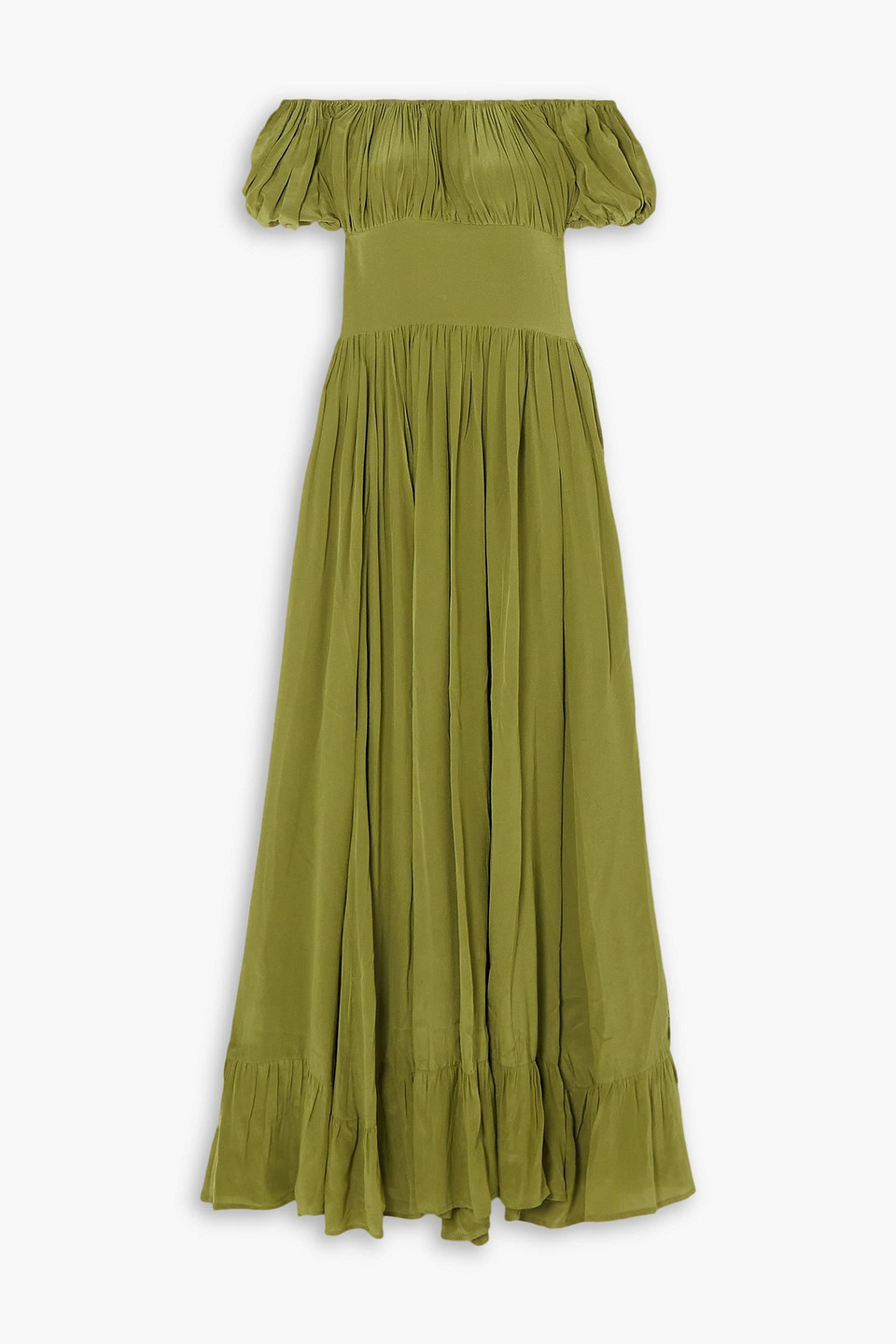 Evarae Off-the-shoulder Shirred Silk-satin Maxi Dress In Army Green