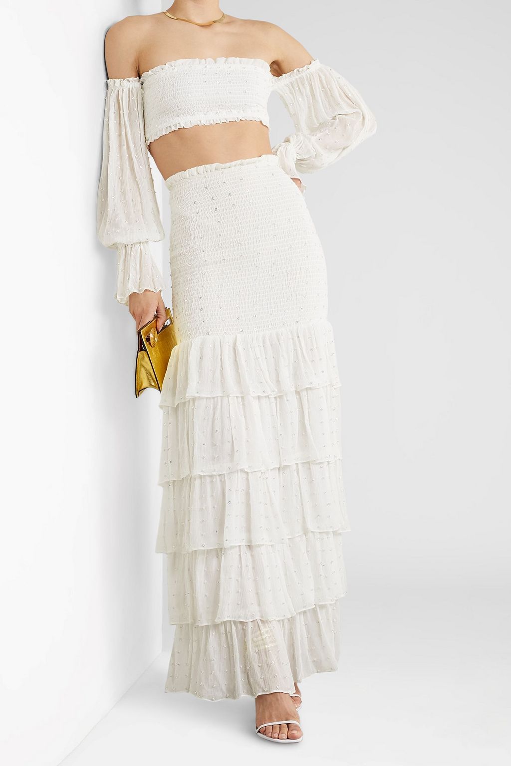 RETROFÊTE Paige off-the shoulder cropped embellished silk-crepon top