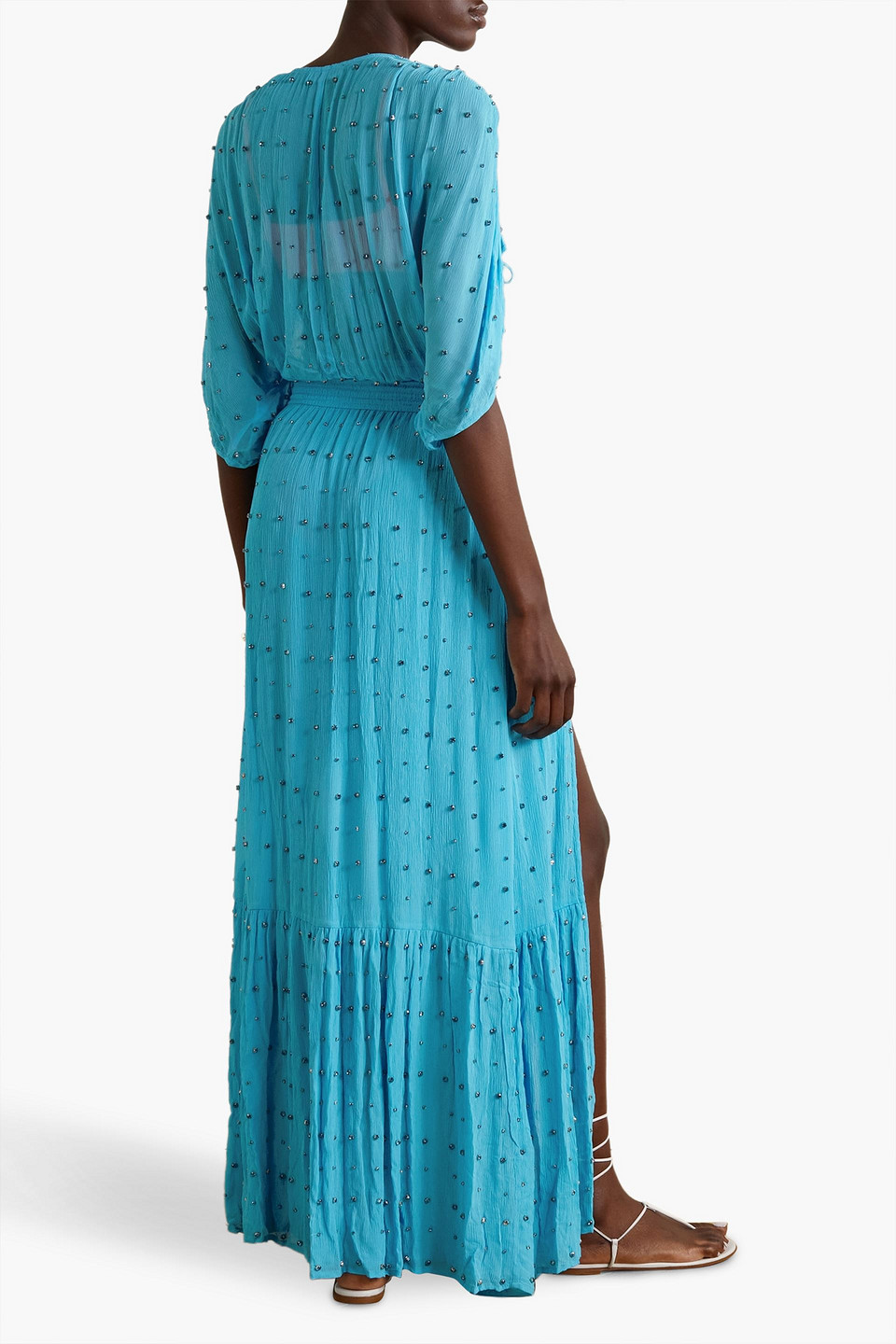 Shop Retroféte Tiered Crystal-embellished Silk-georgette Gown In Turquoise