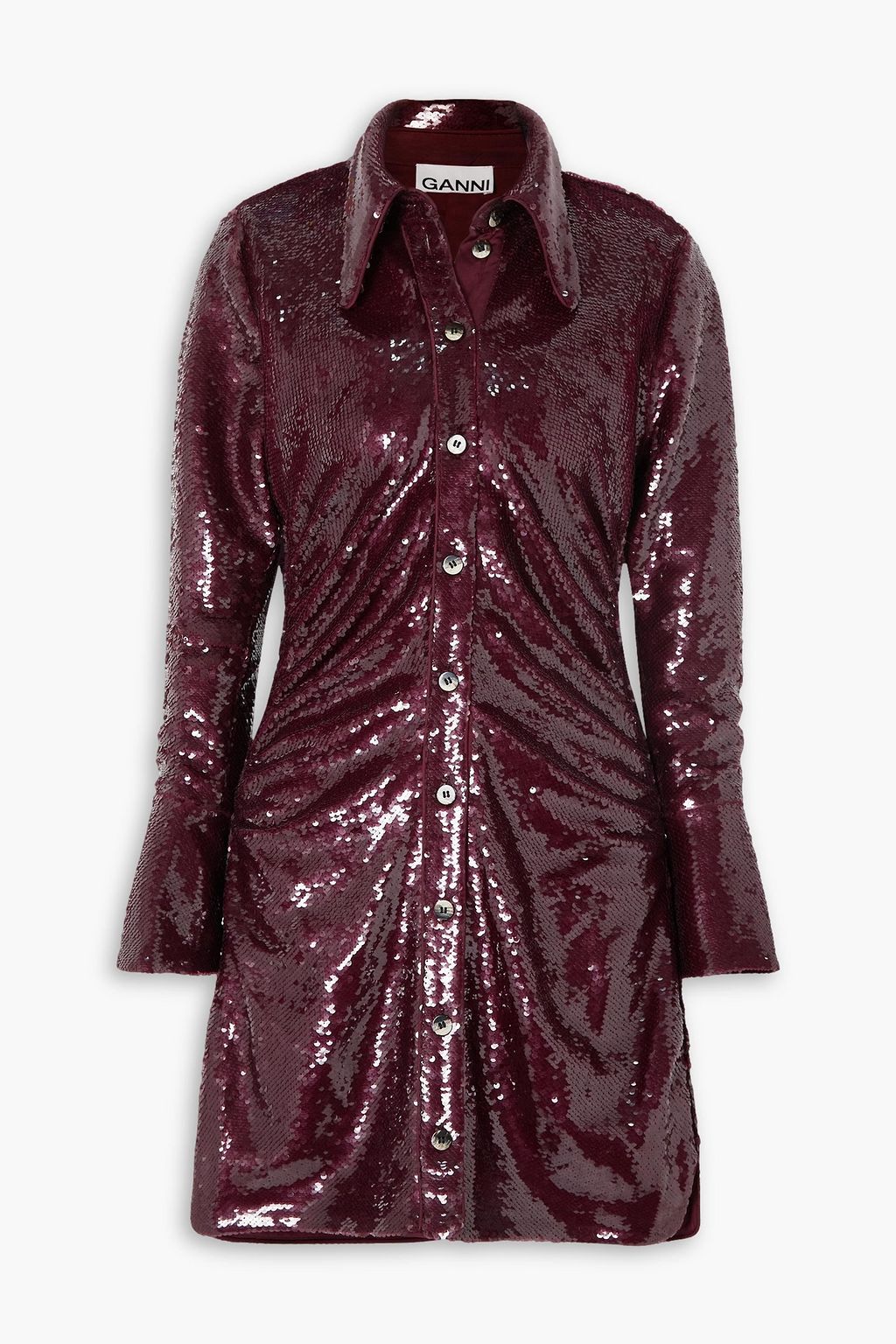 GANNI Ruched sequined satin mini shirt dress | THE OUTNET