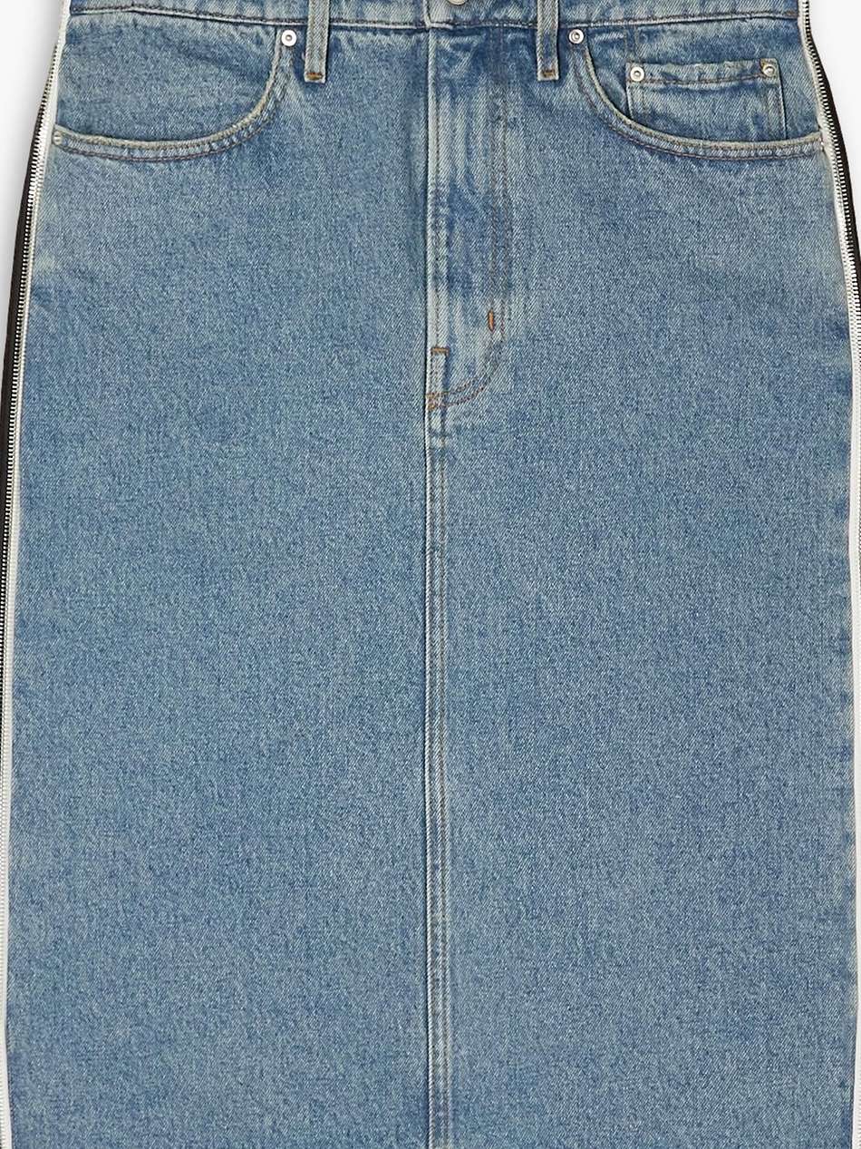zip-detailed two-tone denim midi skirt
