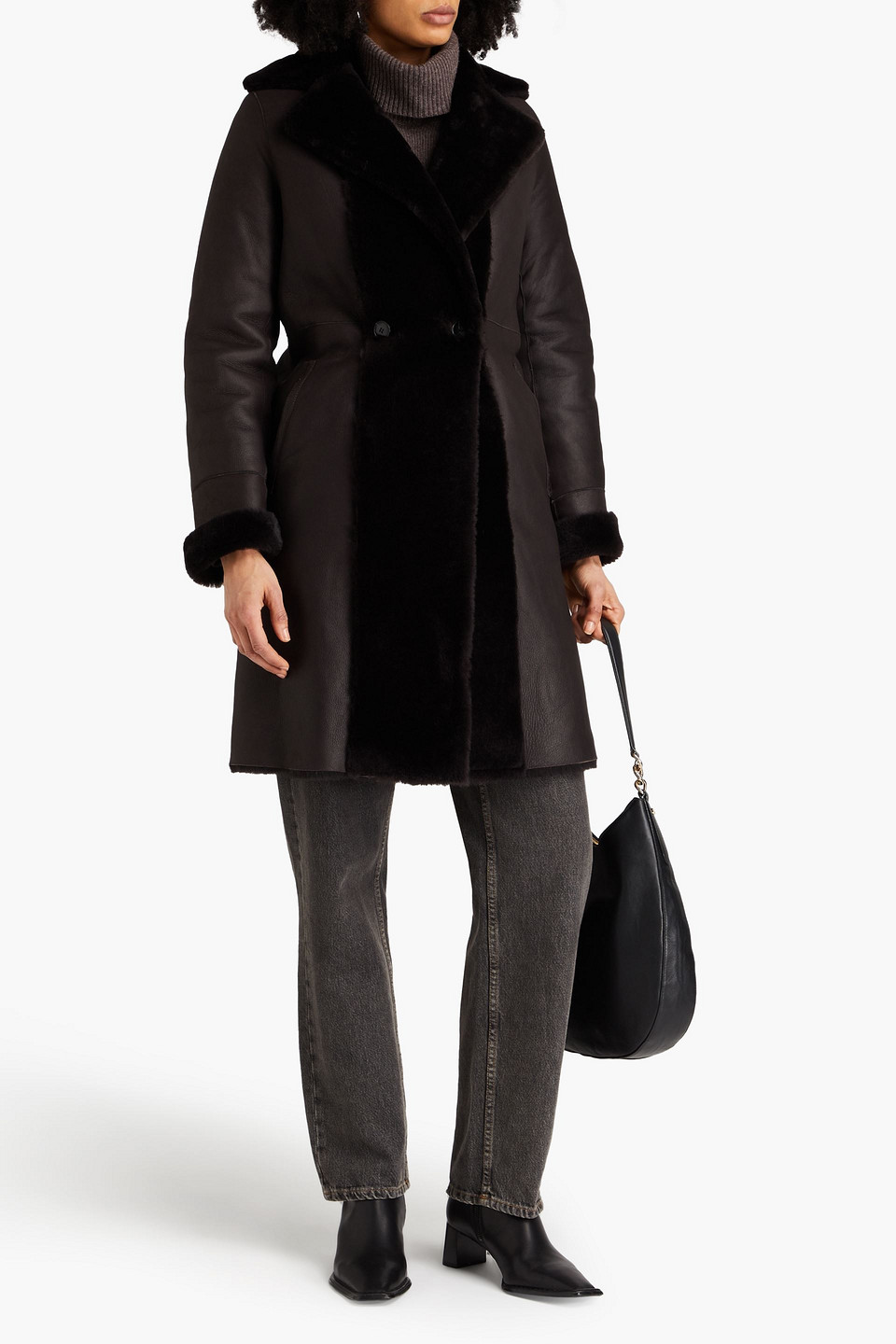 Yves Salomon Shearling Coat In Dark Brown