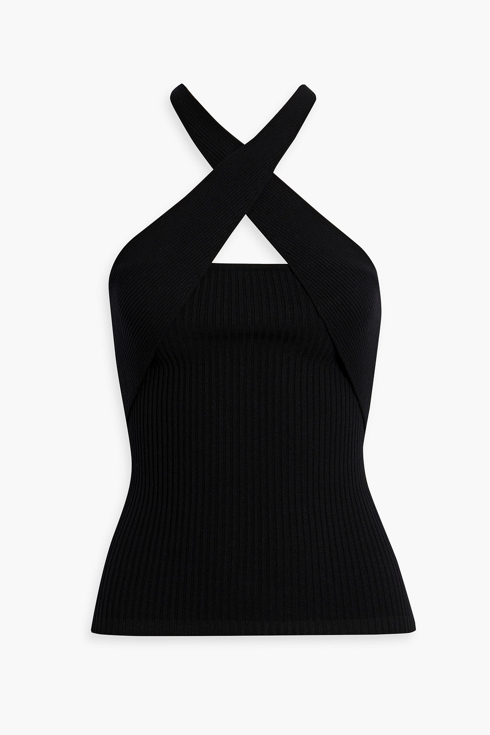 Msgm Black Ribbed Knit Crossover-strap Top In Viscose Blend Woman In Black
