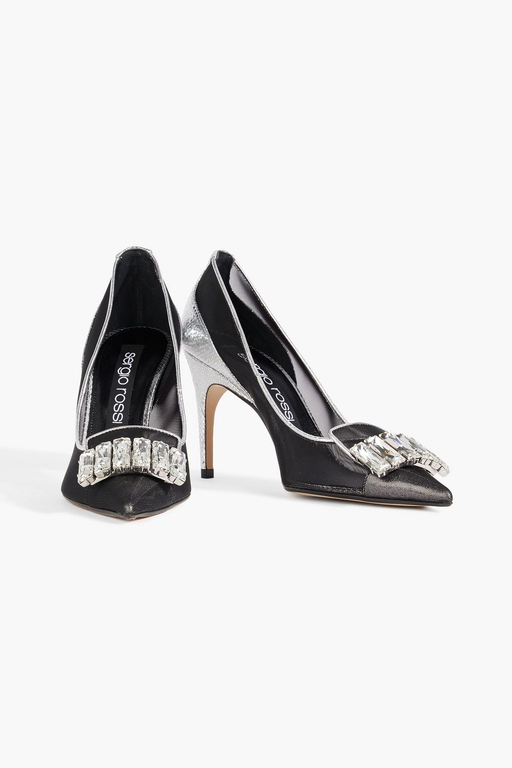 SERGIO ROSSI Embellished metallic snake-effect leather and mesh pumps