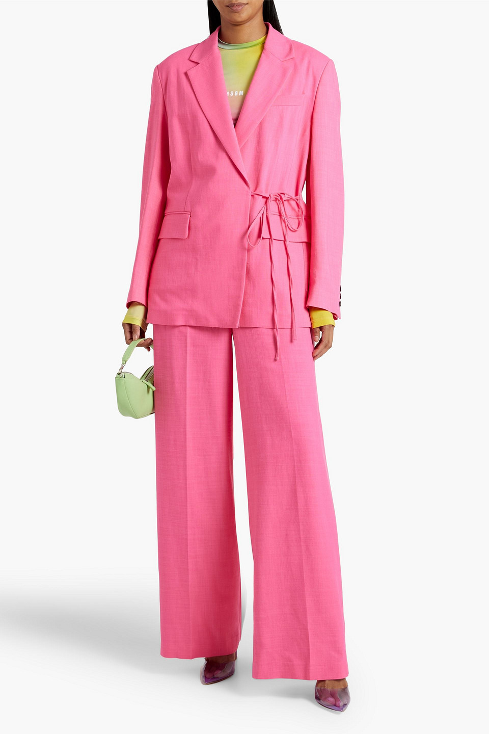 Shop Msgm Tie-front Woven Blazer In Bright Pink