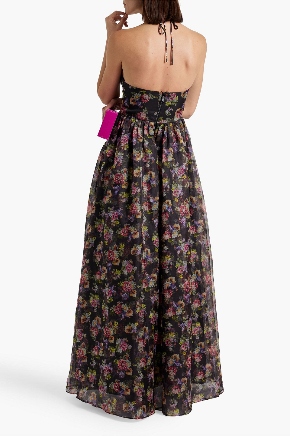 Shop Alice And Olivia Saori Gathered Floral-print Silk-taffeta Gown In Black