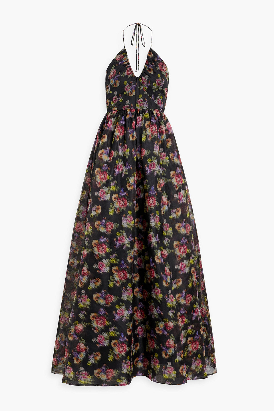 Shop Alice And Olivia Saori Gathered Floral-print Silk-taffeta Gown In Black