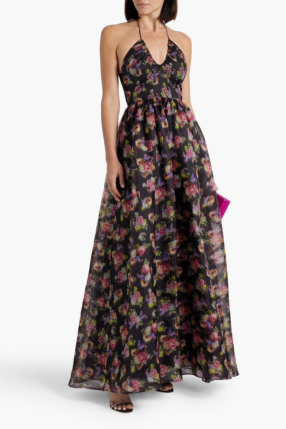 Shop Alice And Olivia Saori Gathered Floral-print Silk-taffeta Gown In Black