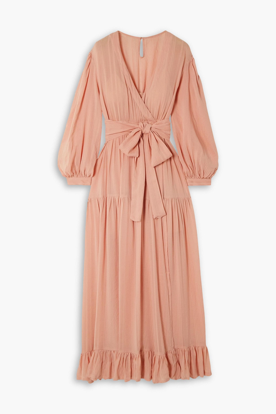 Evarae River Belted Striped Tencel Lyocell Midi Wrap Dress In Peach