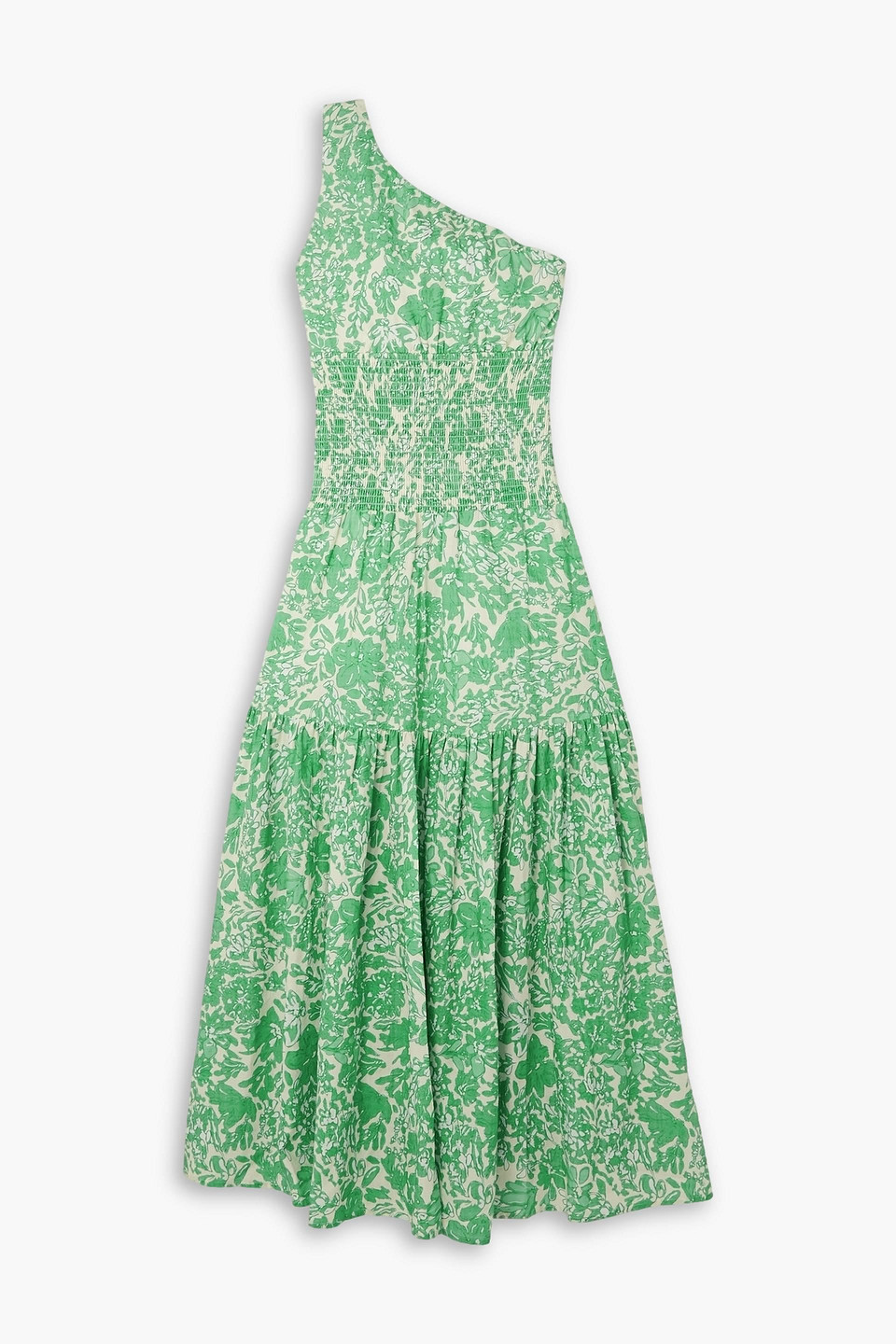 Peony Vacation One-shoulder Floral-print Cotton-blend Maxi Dress In Green