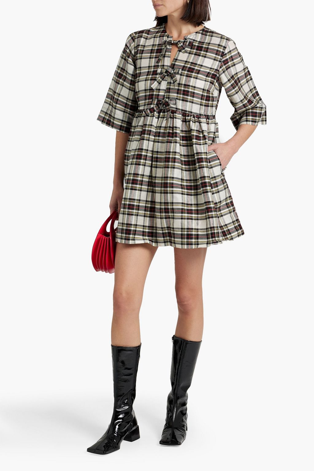 GANNI Gathered checked linen and silk-blend mini dress | THE OUTNET