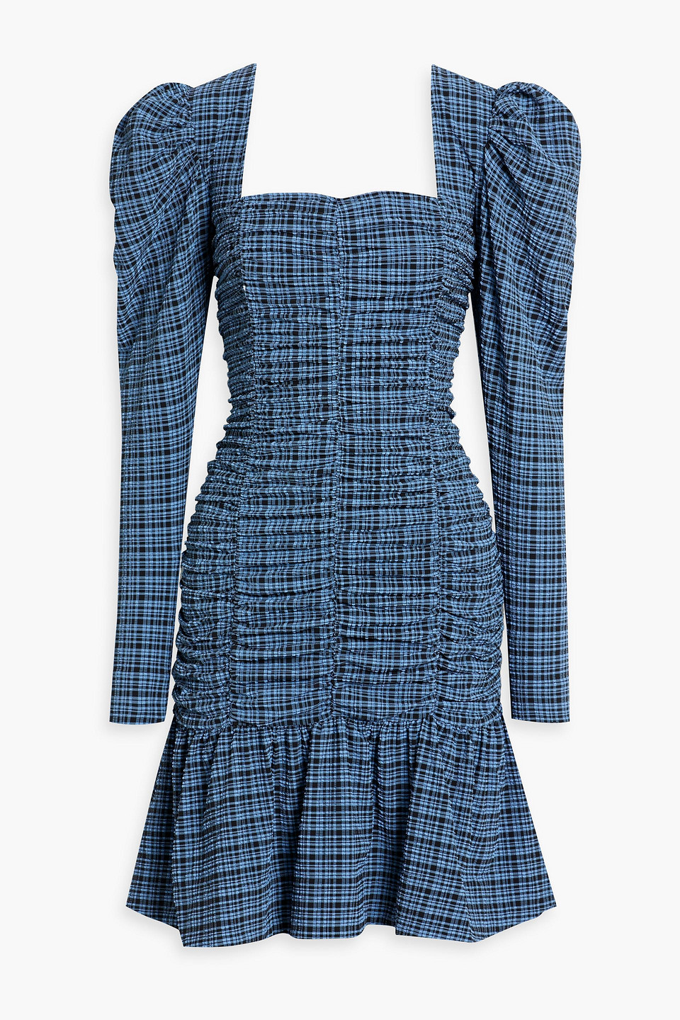 Ganni Blue Checked Seersucker Mini Dress In 379 Mini Check Granada Sky