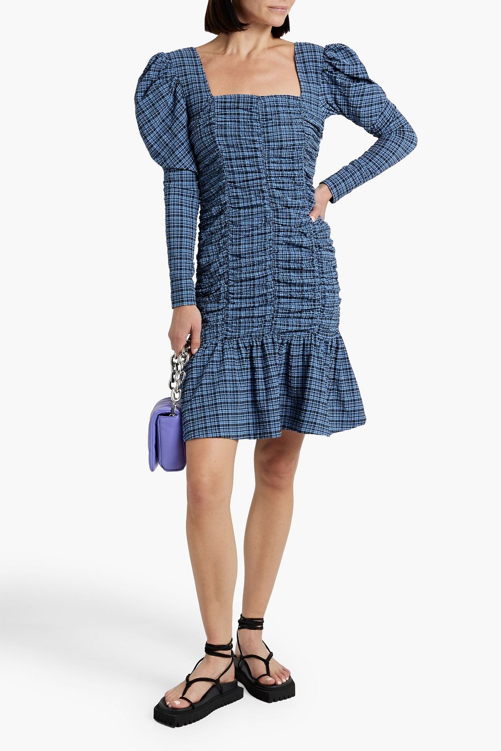 GANNI Ruched checked stretch-seersucker mini dress | THE OUTNET