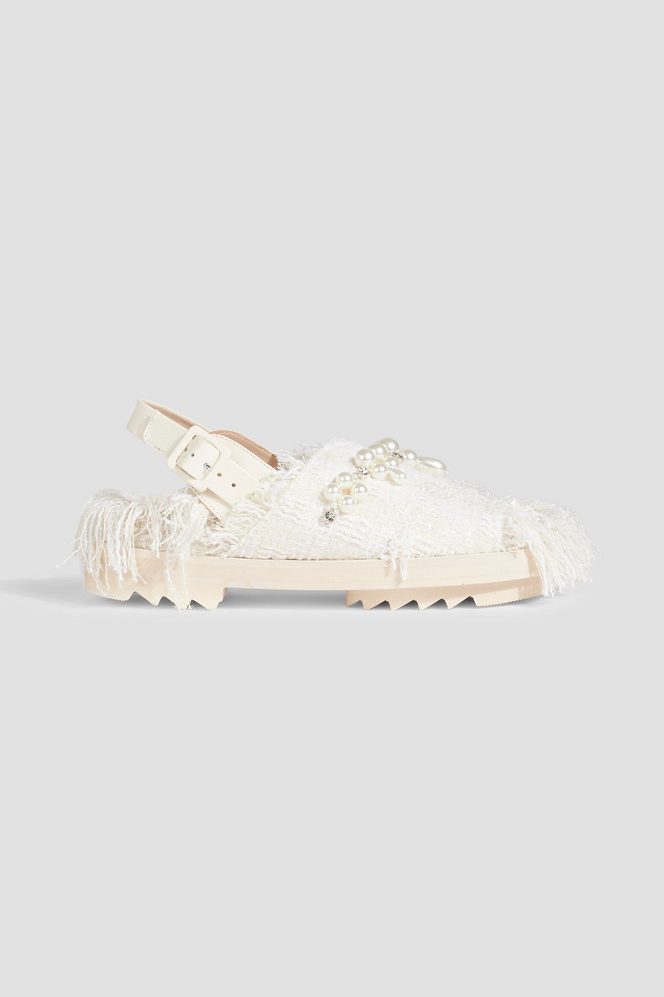 Simone Rocha Low Trek Heart Embellished Frayed Tweed Slingback Sandals In White