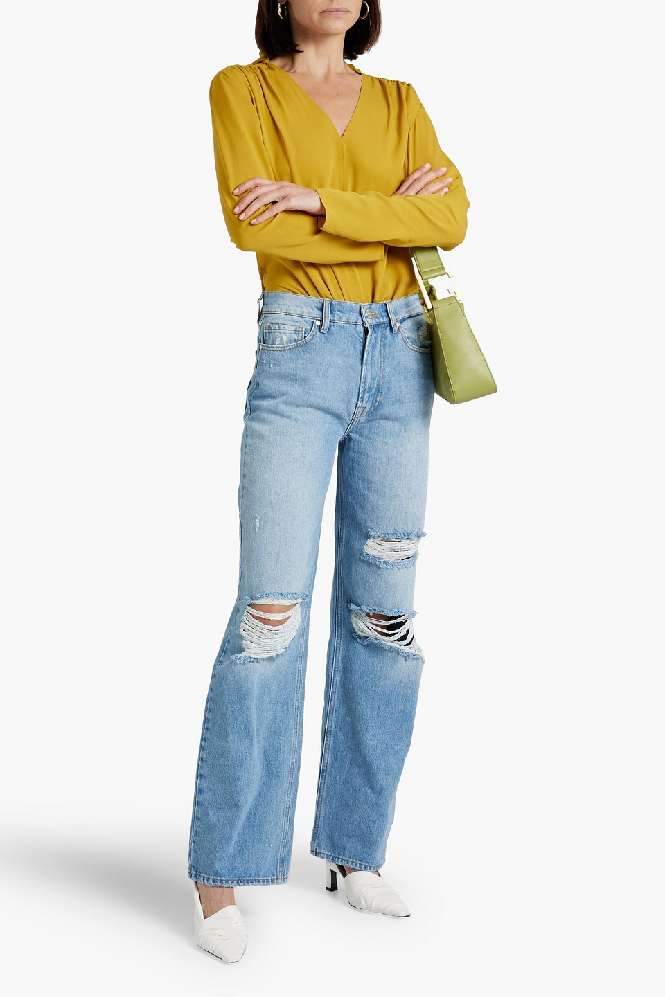 Shop Tomorrow Denim Brown Distressed High-rise Wide-leg Jeans In Mid Denim