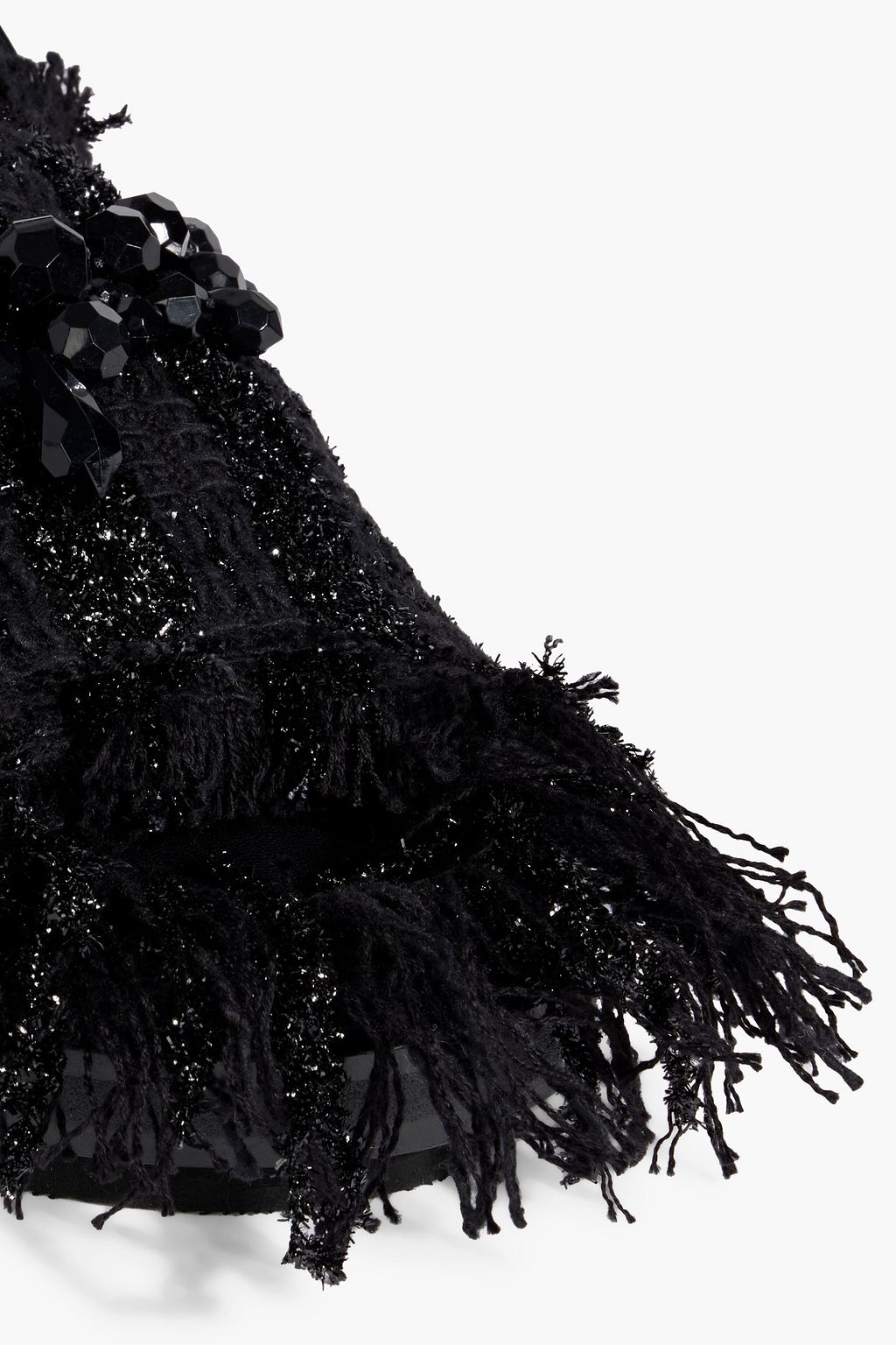 SIMONE ROCHA صندل 'لو تريك' بحزام خلفي من التويد بحواف منسّلة وتصميم مزركش