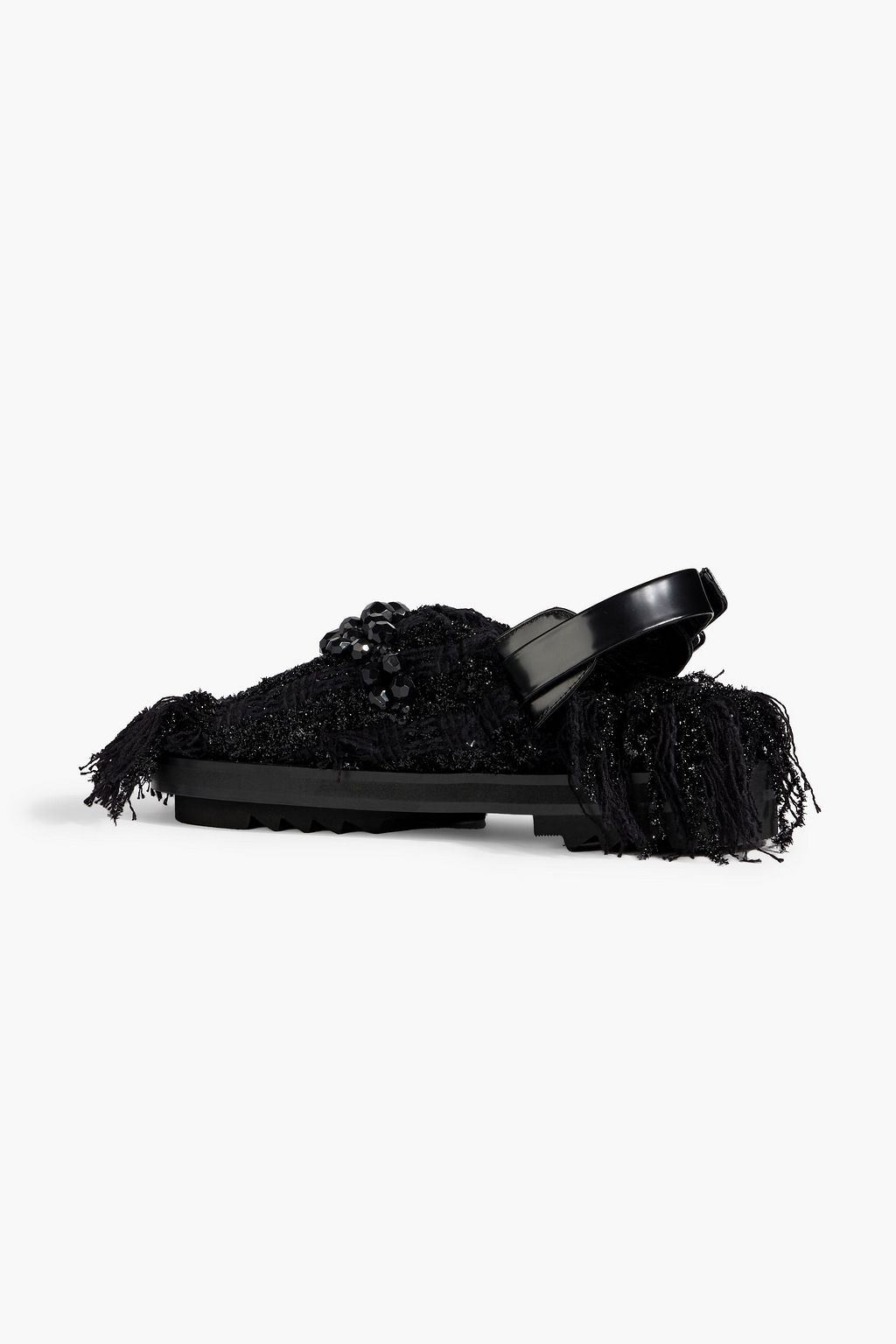 SIMONE ROCHA صندل 'لو تريك' بحزام خلفي من التويد بحواف منسّلة وتصميم مزركش
