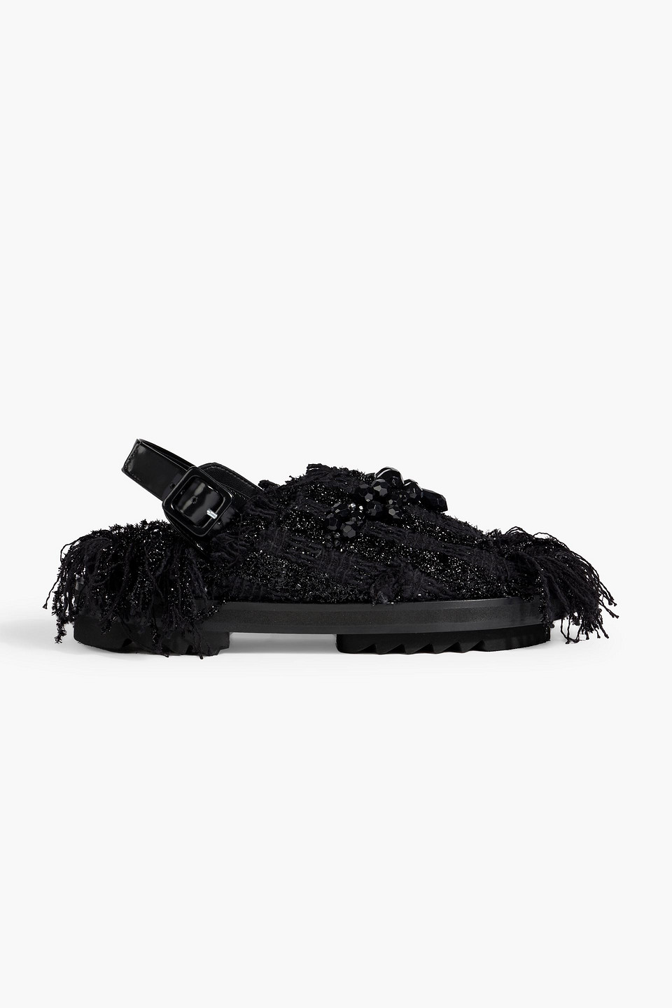 Simone Rocha Low Trek Heart Embellished Frayed Tweed Slingback Sandals In Black