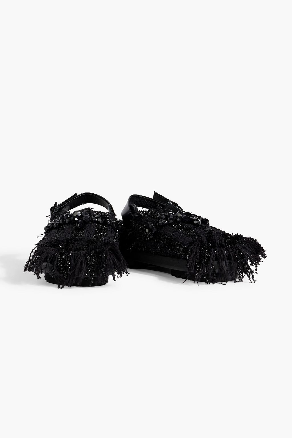 SIMONE ROCHA صندل 'لو تريك' بحزام خلفي من التويد بحواف منسّلة وتصميم مزركش