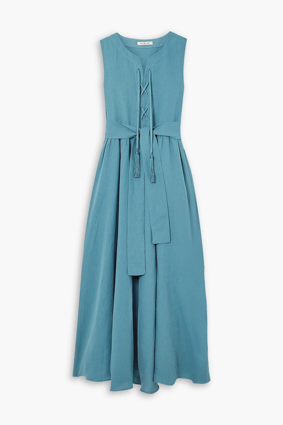 Fil De Vie Althea Tasseled Linen Maxi Dress In Slate Blue