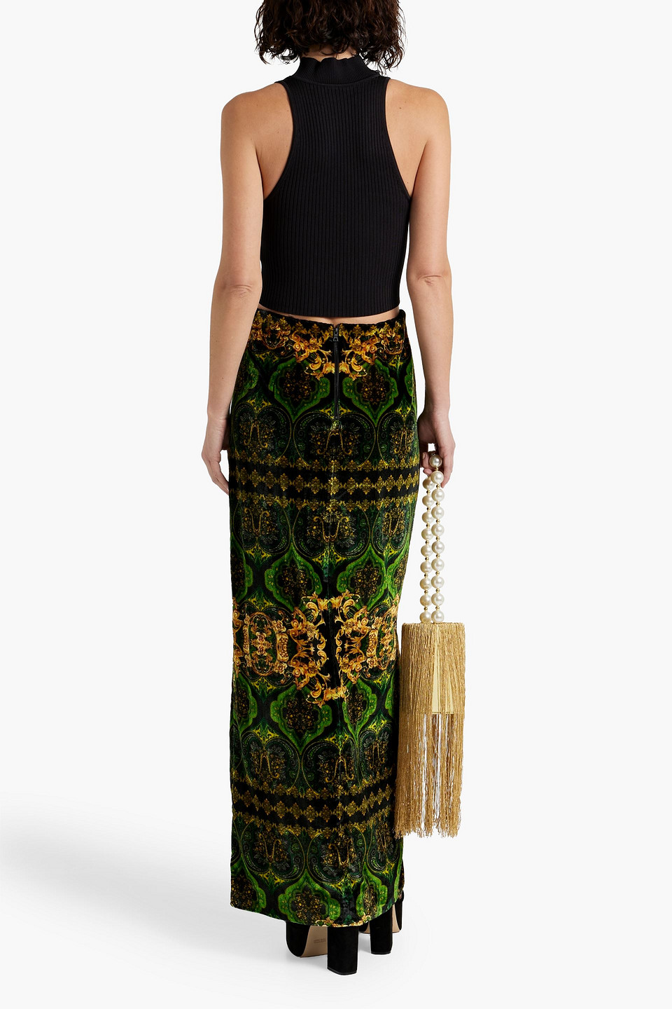 Shop Alice And Olivia Stephine Printed Velvet Maxi Skirt In Green