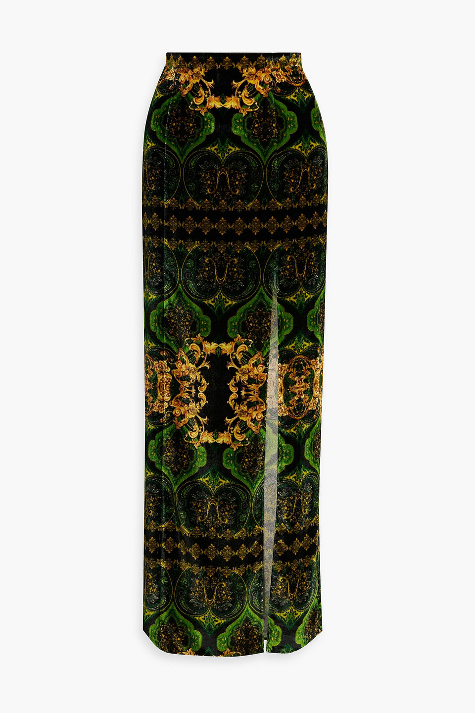 Shop Alice And Olivia Stephine Printed Velvet Maxi Skirt In Green