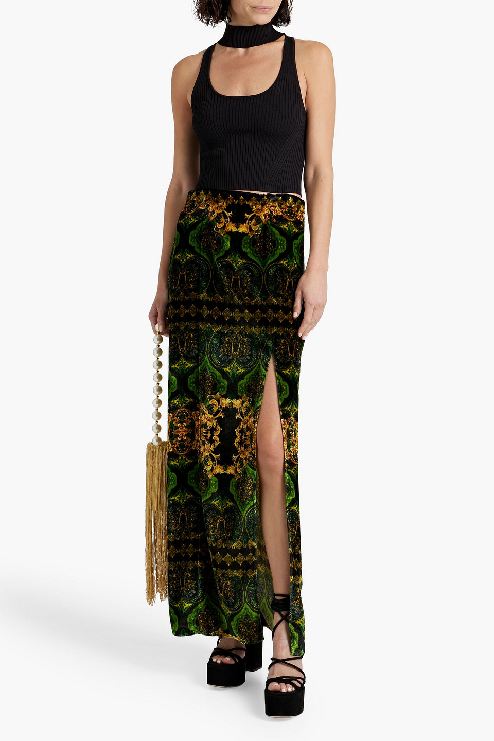 Shop Alice And Olivia Stephine Printed Velvet Maxi Skirt In Green