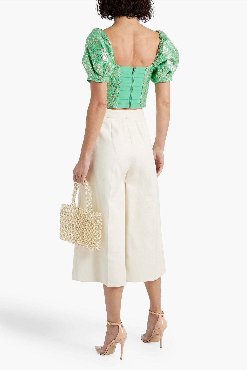 ALICE + OLIVIA コットン混ジャカード クロップドトップス メタリック