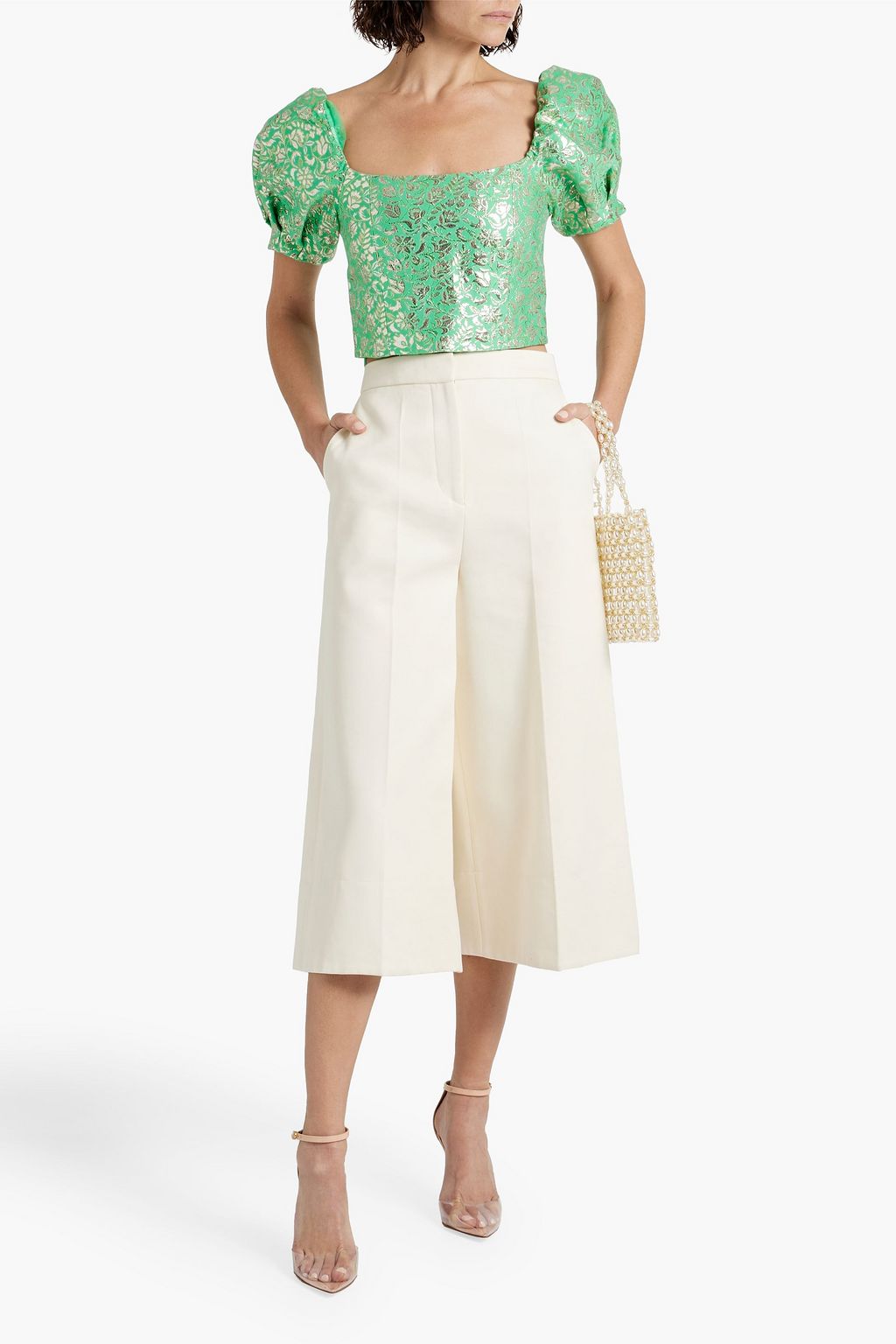 ALICE + OLIVIA コットン混ジャカード クロップドトップス メタリック