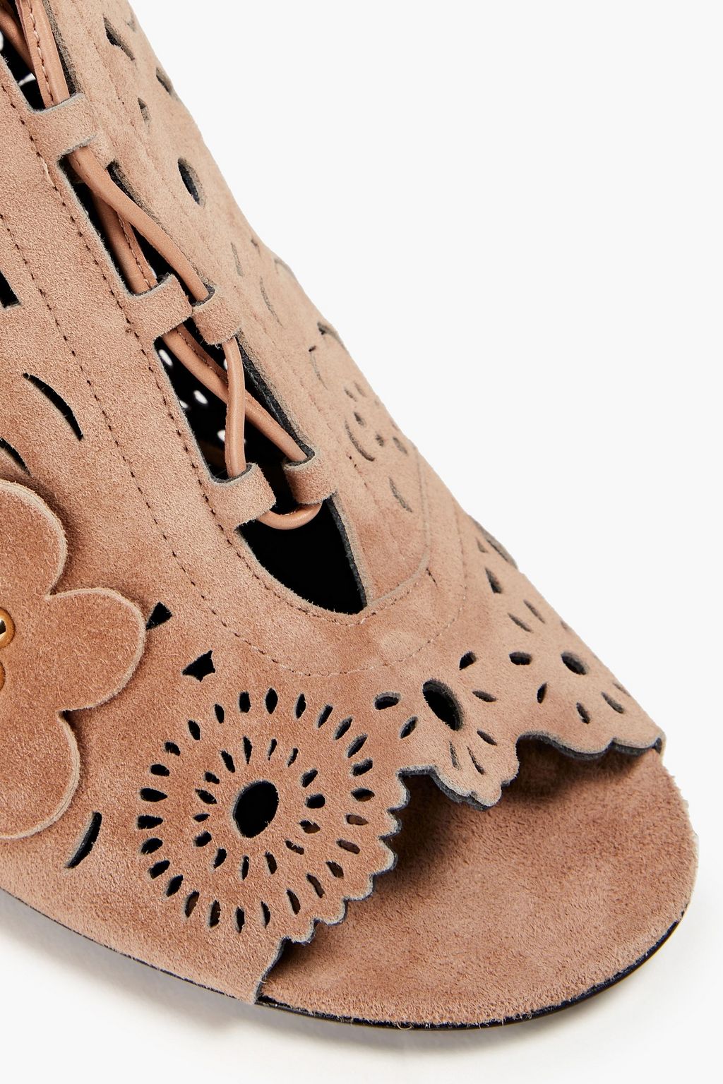 ROGER VIVIER بوت بطول الكاحل من جلد سويد مقصوص بالليزر مُزيّن بزخارف الأزهار