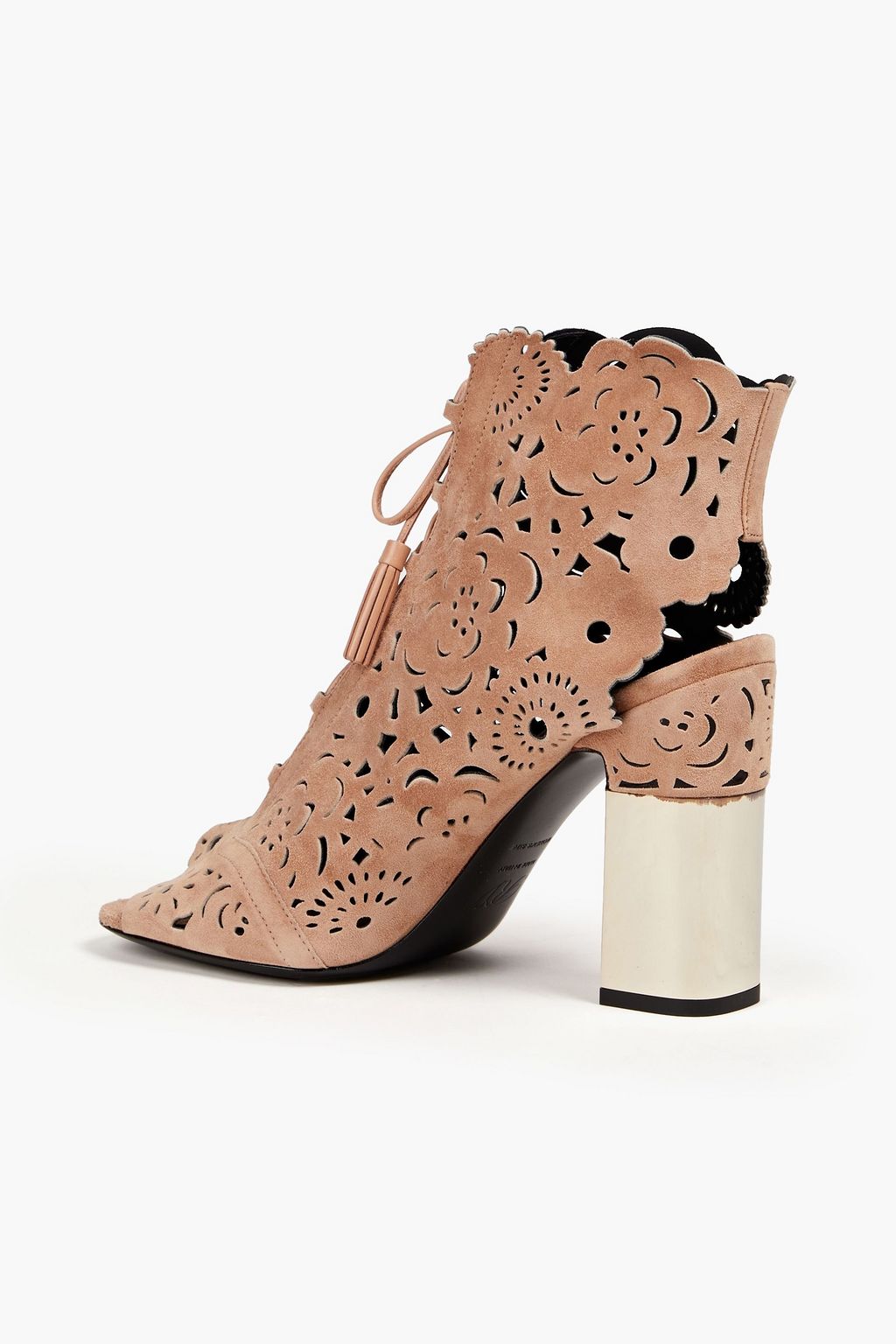 ROGER VIVIER بوت بطول الكاحل من جلد سويد مقصوص بالليزر مُزيّن بزخارف الأزهار