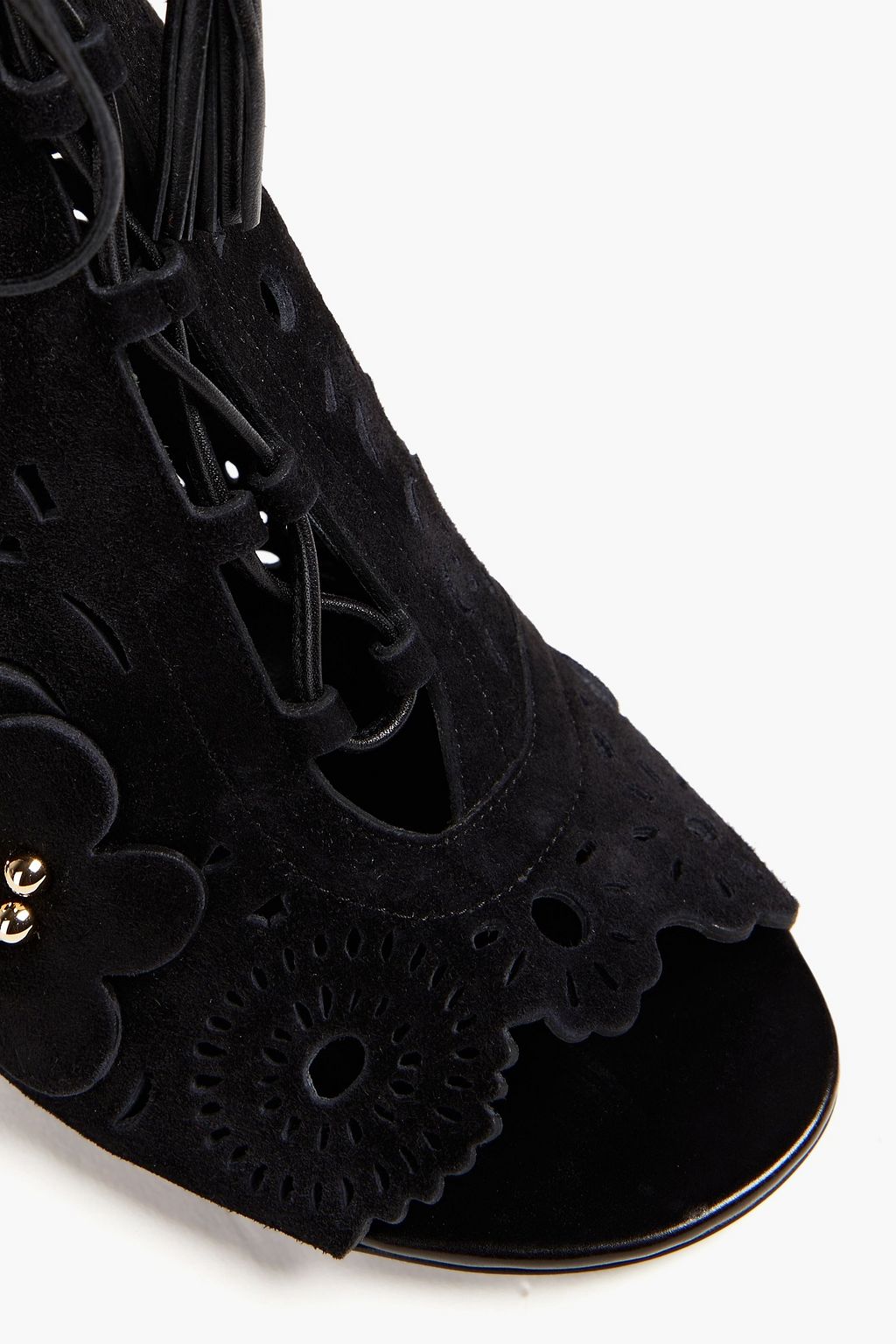 ROGER VIVIER بوت بطول الكاحل من جلد سويد مقصوص بالليزر مُزيّن بزخارف الأزهار