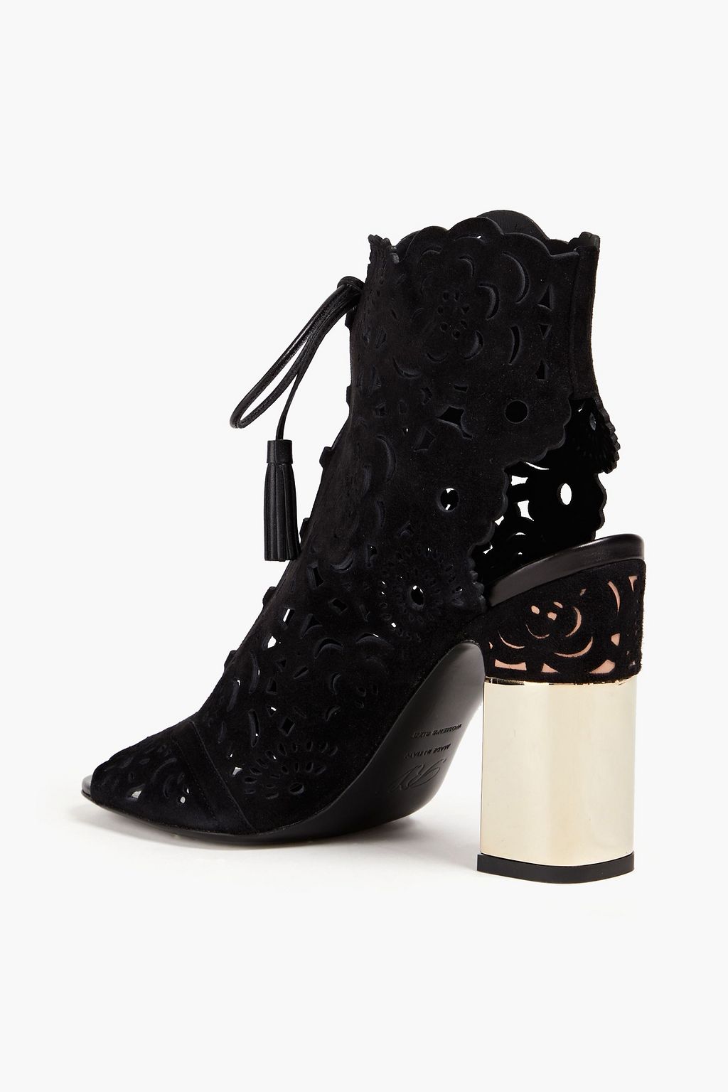 ROGER VIVIER بوت بطول الكاحل من جلد سويد مقصوص بالليزر مُزيّن بزخارف الأزهار