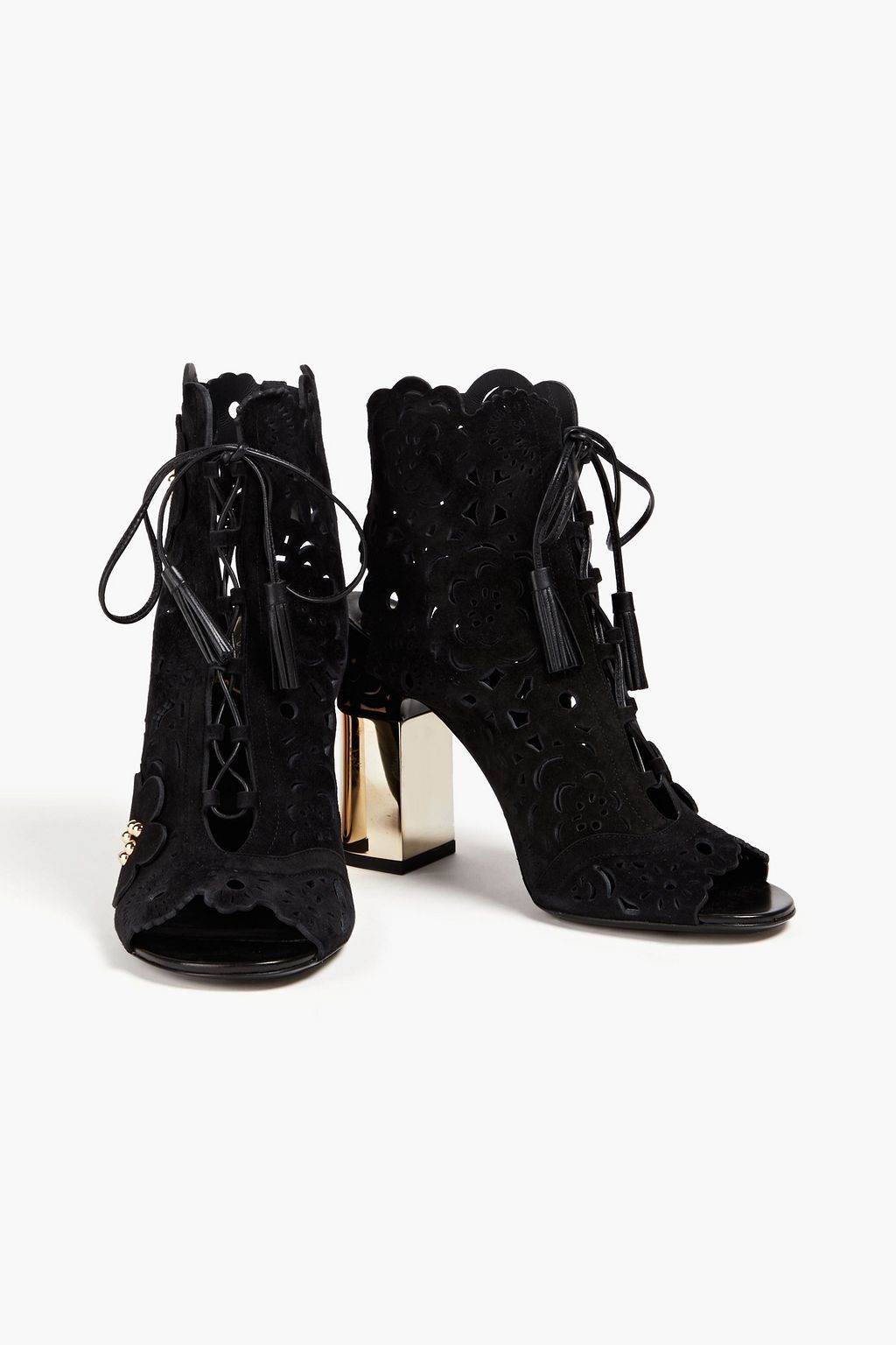 ROGER VIVIER بوت بطول الكاحل من جلد سويد مقصوص بالليزر مُزيّن بزخارف الأزهار