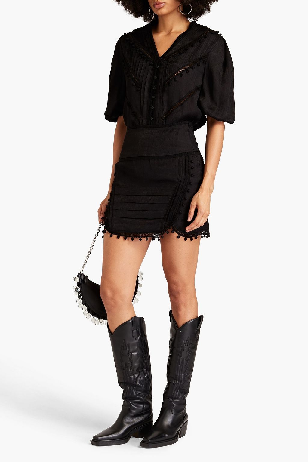 IRO Pompom-embellished satin-jacquard mini skirt