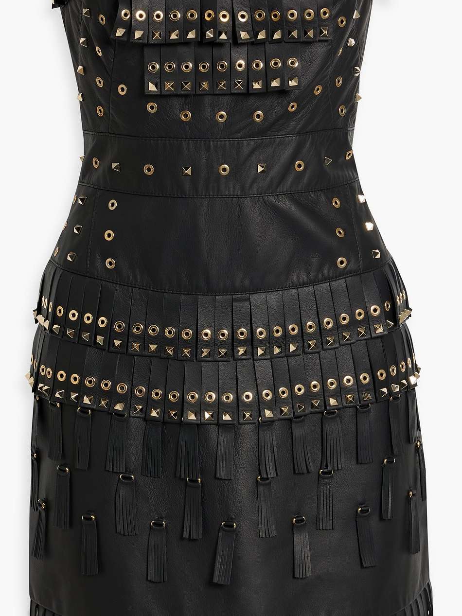 strapless embellished fringed leather mini dress
