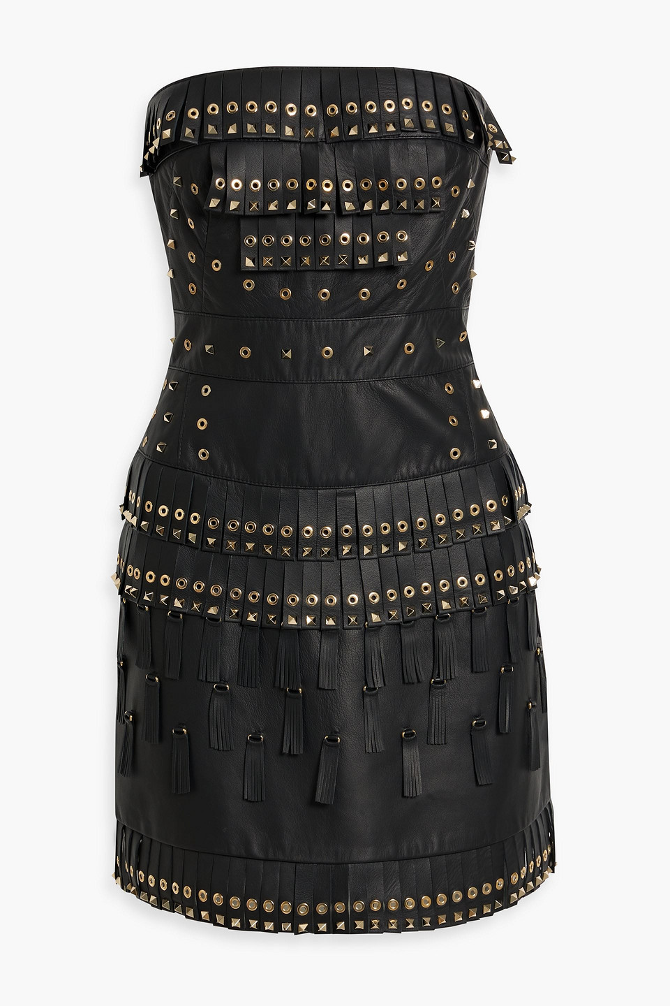 Zuhair Murad Strapless Embellished Fringed Leather Mini Dress In Black